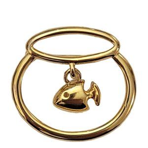 Anne Klein Gold-Tone Dangling Fish Charm In Bowl Brooch Pin, Signed K889